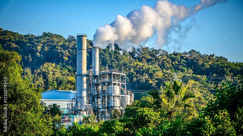 Obraz premium image of a geothermal power plant with steam rising, showcasing the use of natural heat for electricity and its environmental benefits Electricity generation.Effects.