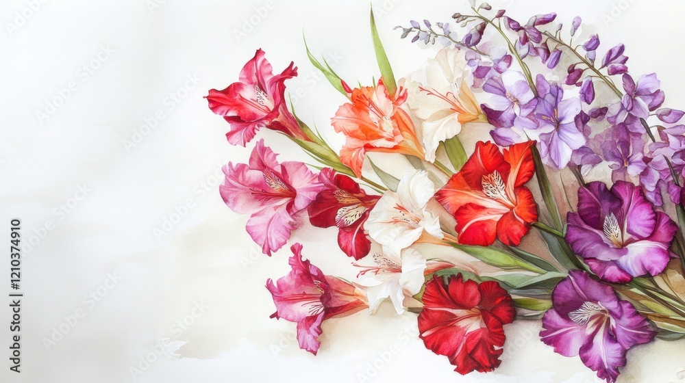 Colorful gladiolus and wisteria flowers on white background. Colorful gladiolus and wisteria flowers on white background.