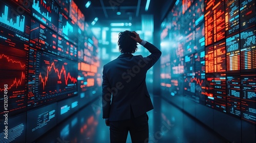 An economist in a suit looking stressed while analyzing fluctuating stock market charts displayed on large blue and red screens.