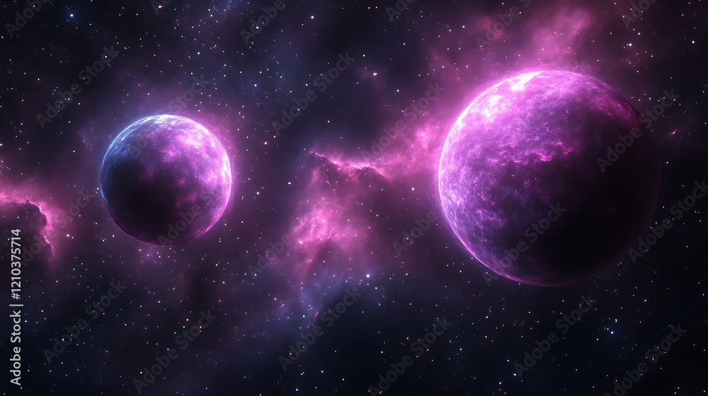 Obraz premium Two glowing planets in a nebula.