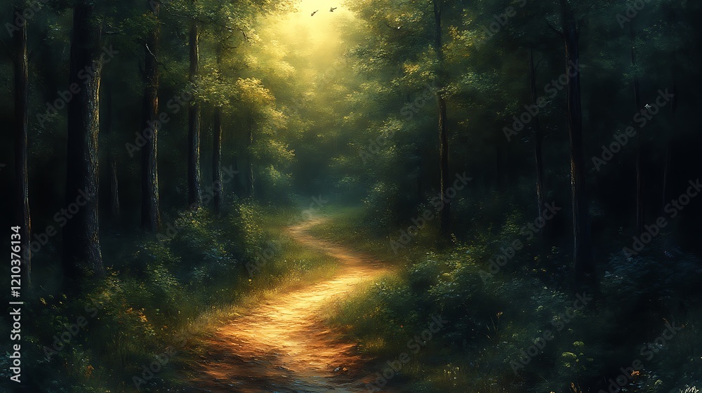 Sunlit path winding through a mystical forest. Sunlit path winding through a mystical forest.