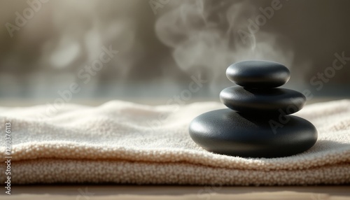 Tranquil spa scene with steaming hot stones on soft towel