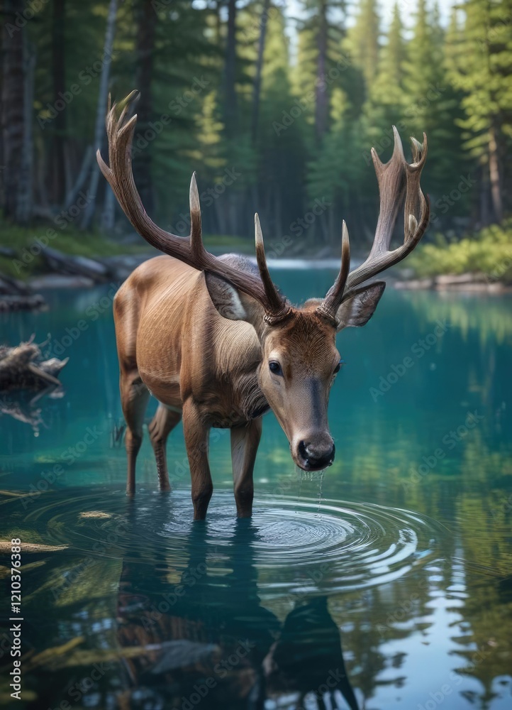 Fototapeta premium Close-up shot of a big buck drinking from a clear blue wild lake in the middle of a forest, wilderness, wildlife