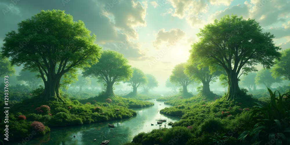 Serene Landscape with Lush Trees and Tranquil River at Dawn Serene Landscape with Lush Trees and Tranquil River at Dawn