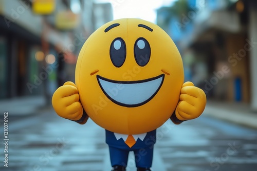 Happy Smiley Face Mascot in Suit Outdoors