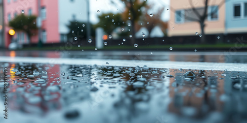 A street with rain falling on it. The raindrops are reflecting the street lights, creating a beautiful and serene atmosphere. The scene captures the essence of a rainy day