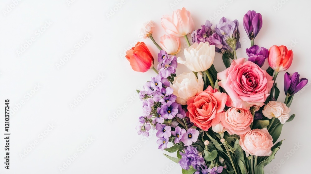 Obraz premium Colorful spring bouquet of tulips, roses, and other flowers on white background.