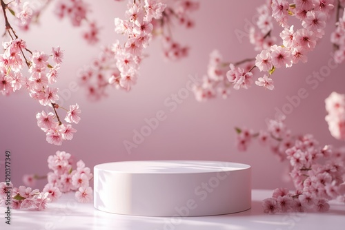 Minimal product display featuring a sleek white podium and delicate cherry blossoms in a soft, pastel background