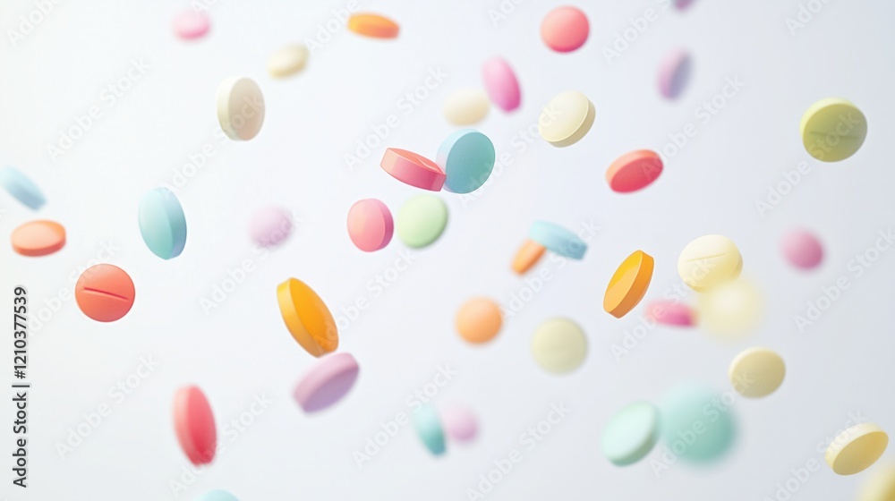 Multicolored pills scattered artistically on a white surface creating a vibrant pattern Multicolored pills scattered artistically on a white surface creating a vibrant pattern