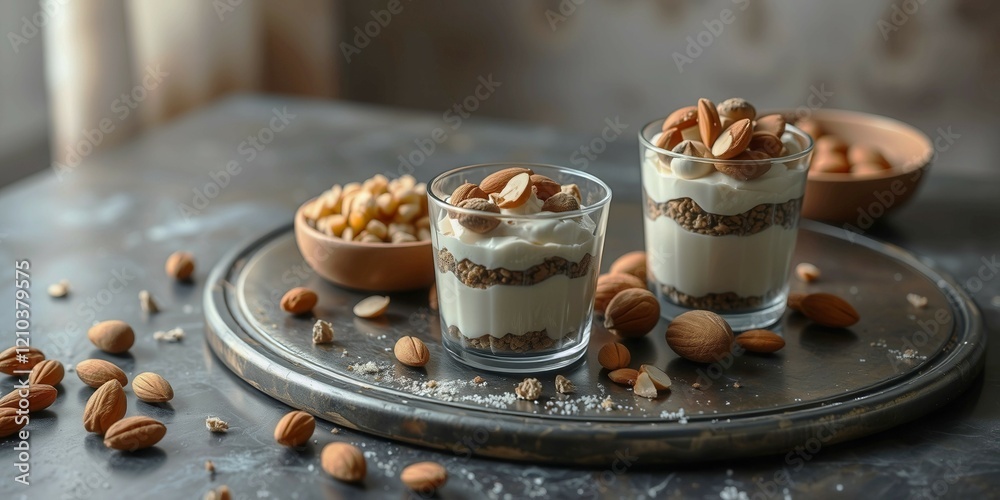 Two small glasses of dessert with almonds on top. The dessert is on a tray with almonds scattered around it Two small glasses of dessert with almonds on top. The dessert is on a tray with almonds scattered around it