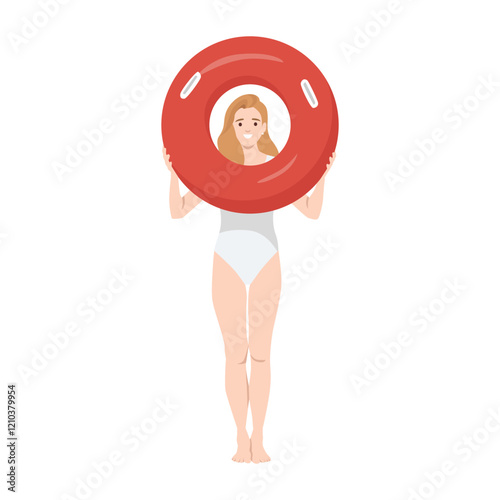 Woman in a white swimsuit is holding a red lifebuoy, framing her face. Flat vector illustration isolated on white background