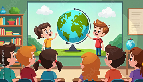 A classroom scene with children learning about Earth and sustainability, promoting environmental education.