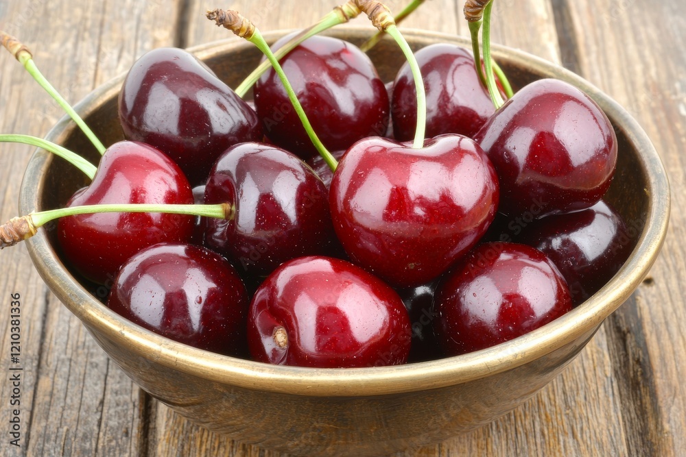 Fresh sweet cherries nestled in a retro bowl with water droplets, sitting on an old oak table Fresh sweet cherries nestled in a retro bowl with water droplets, sitting on an old oak table