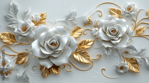 3D wallpaper with a white and gold floral background