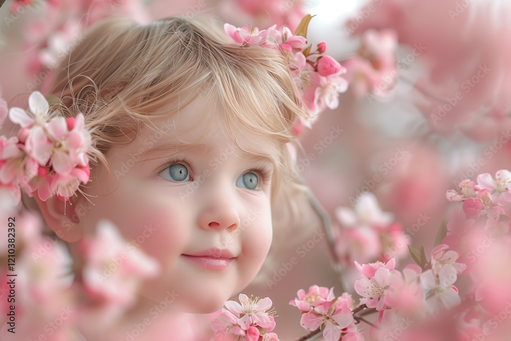 Delicate pink blossoms frame a young child, who gazes with wonder. This serene springtime moment captures the joy of nature in full bloom and childhood innocence. Delicate pink blossoms frame a young child, who gazes with wonder. This serene springtime moment captures the joy of nature in full bloom and childhood innocence.