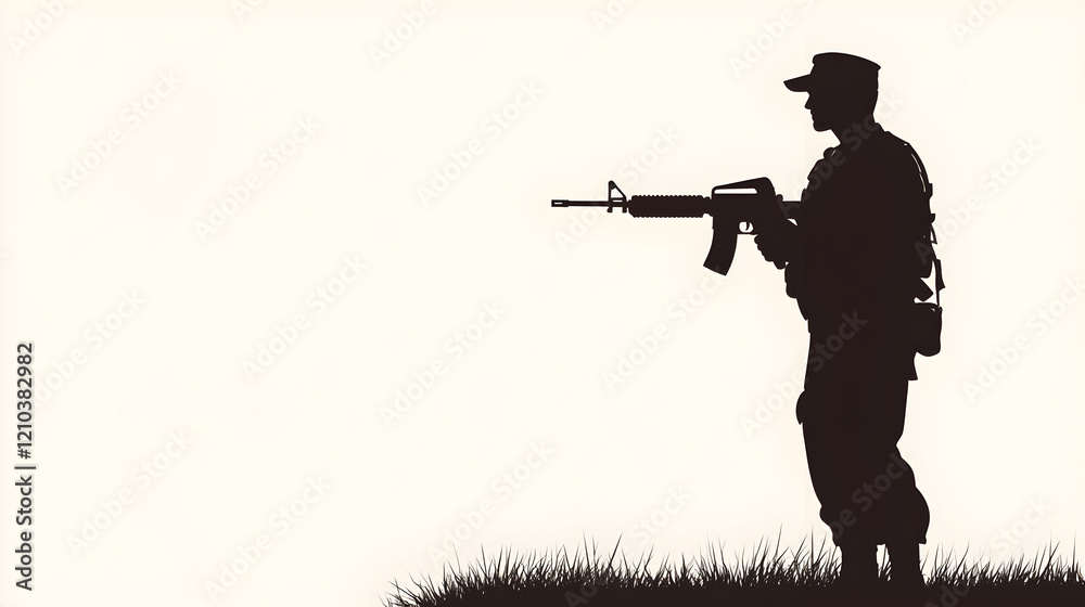 A silhouette of a soldier holding a rifle, looking into the distance, symbolizing vigilance. Vigilant soldier illustration.
A silhouette of a soldier holding a rifle, looking into the distance, symbolizing vigilance. Vigilant soldier illustration.