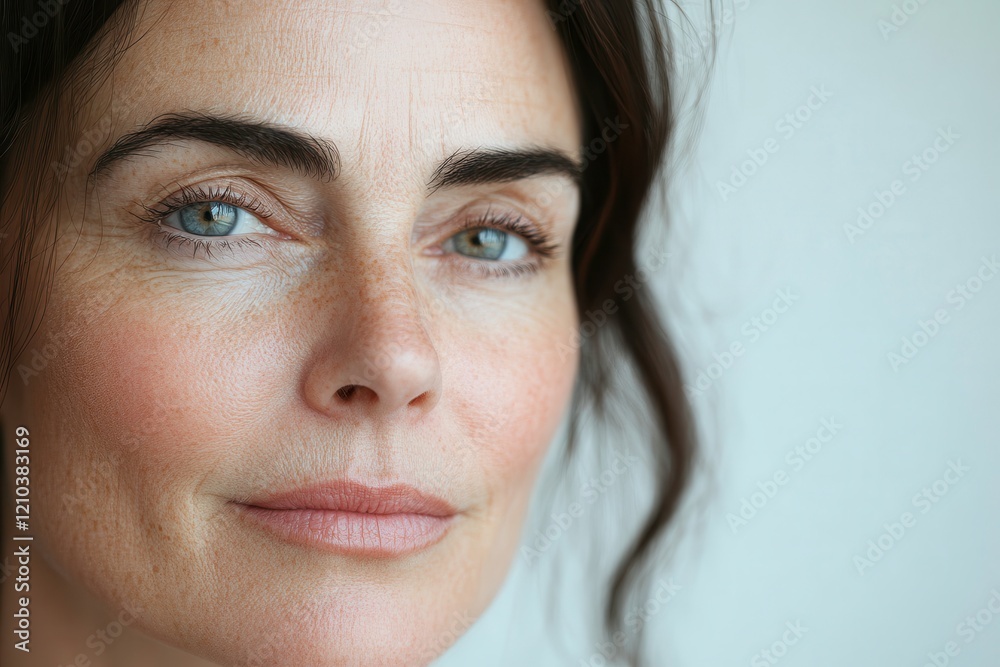Close-up of a Woman’s Face Showing Natural Features and Signs of Fatigue in Soft Light. Generative AI Close-up of a Woman’s Face Showing Natural Features and Signs of Fatigue in Soft Light. Generative AI