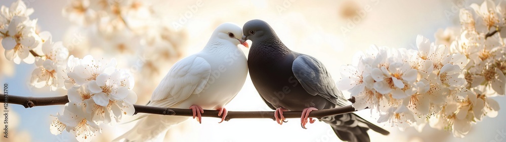 Beautiful doves perched on a branch surrounded by white flowers in a tranquil setting Beautiful doves perched on a branch surrounded by white flowers in a tranquil setting