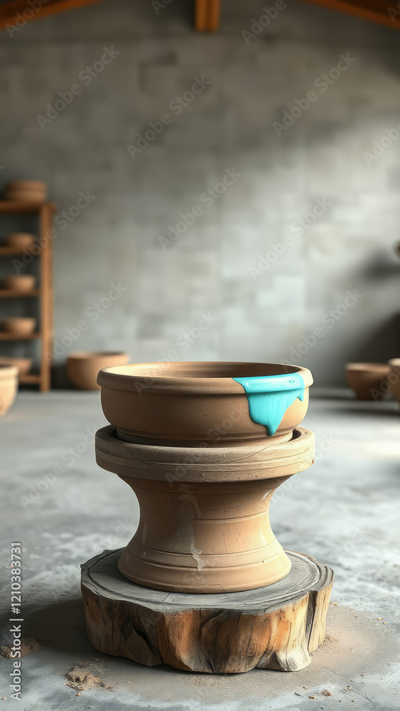 Earthy clay potter's wheel with a splash of blue glaze, clay, wheel, pottery Earthy clay potter's wheel with a splash of blue glaze, clay, wheel, pottery