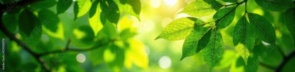 Sunlight dappled through leaves, vibrant green canopy , botanical, foliage