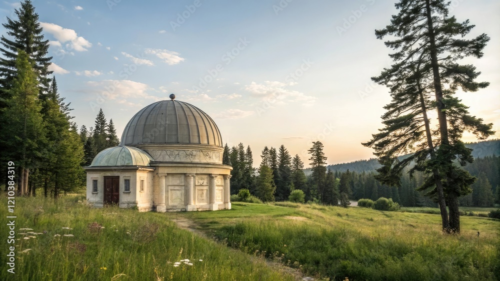 Obraz premium Domed structure amidst a stunning natural setting with an abundance of grass and trees, natural scenery, domed roof, natural wonders, panoramic vistas