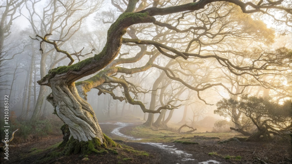 Delicate patterns of white foam and pale gold mist swirl around an ancient, gnarled tree in a enchanted forest, ethereal atmosphere, glowing woods, whimsical nature