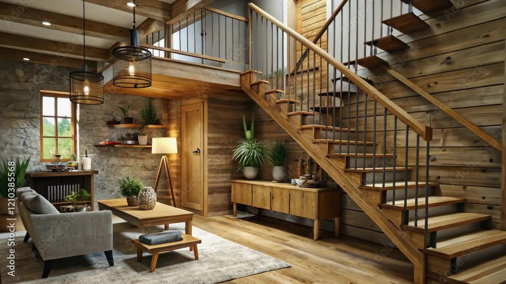 A beautifully designed rustic interior showcasing wooden elements and natural light in a cozy home setting.