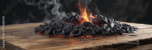Dark smoke swirls around black stone as it smolders on a rustic wooden surface, earthy tones, dark smoke