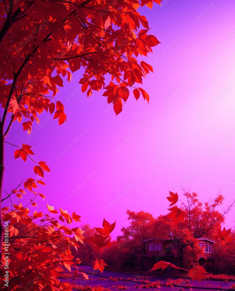 Vibrant autumn leaves contrast against a stunning purple sky at twilight near a cozy cottage Vibrant autumn leaves contrast against a stunning purple sky at twilight near a cozy cottage