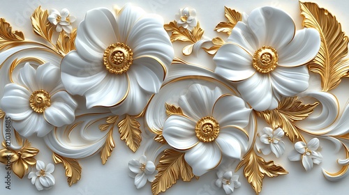 3D wallpaper with a white and gold floral background