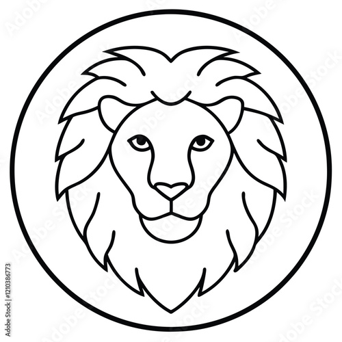 Lion Head in Circle Line Art Vector Illustration and Logo Outline Drawing photo