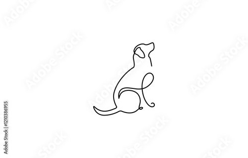 One continuous line drawing of a retriever dog sitting and relaxing, Cute dog drawn vector objects. The dog is sitting on the floor. Cute dog one line art. Vector illustration.