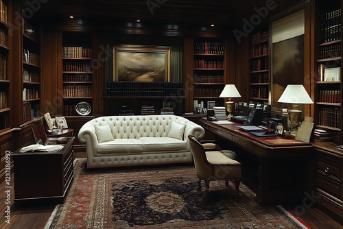 Luxurious study with leather sofa, wooden desk, bookshelves, and Persian rug. photo