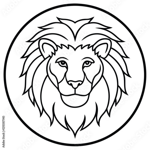 Lion Head in Circle Line Art Vector Illustration and Logo Outline Drawing photo