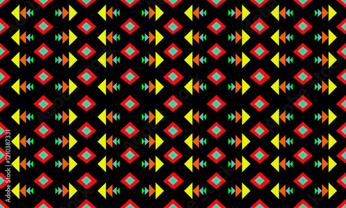 Bold native-inspired pattern on rich black background, featuring vibrant red diamonds with turquoise centers alternating with playful triangular formations in yellow, orange, and mint green. 