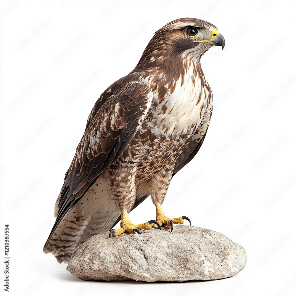 a robust buzzard isolated on a white background, perched on a rock a robust buzzard isolated on a white background, perched on a rock