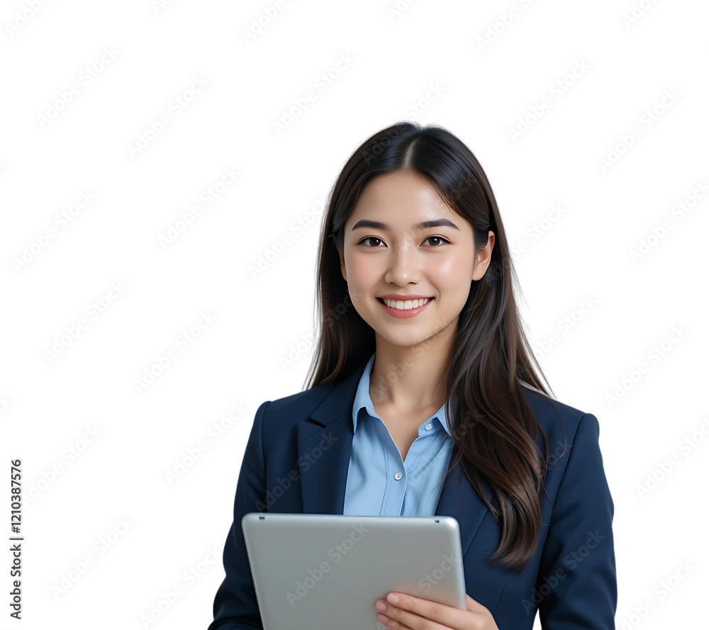 Happy businesswoman with tablet, business concept, isolated on transparent background Happy businesswoman with tablet, business concept, isolated on transparent background