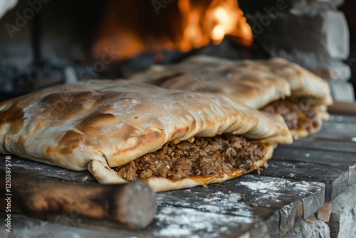 Georgian Kubdari Meatfilled bread rustic countryside kitchen photo