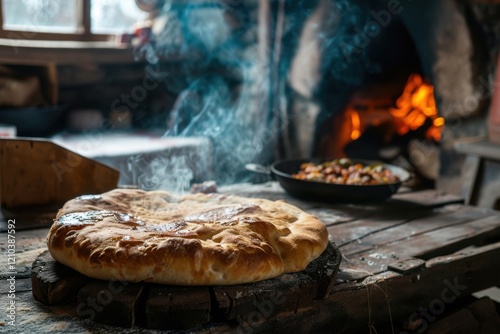 Georgian Kubdari Meatfilled bread rustic countryside kitchen photo