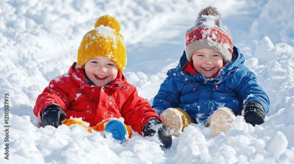 Happy toddlers playing in snowy winter landscape. Perfect for winter holiday cards Happy toddlers playing in snowy winter landscape. Perfect for winter holiday cards