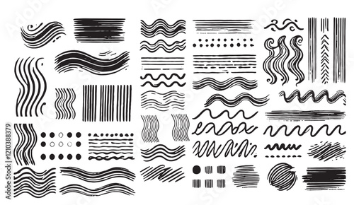 Hand-Drawn Abstract Brushstrokes and Patterns, A Collection of Black Ink Textures, Lines, Waves, Circles, and Scribbles for Graphic Design and Creative Projects