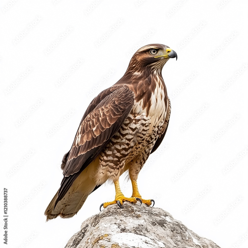 a robust buzzard isolated on a white background, perched on a rock a robust buzzard isolated on a white background, perched on a rock
