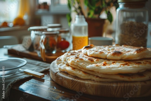 Layered Moroccan flatbread on cozy breakfast table setting photo