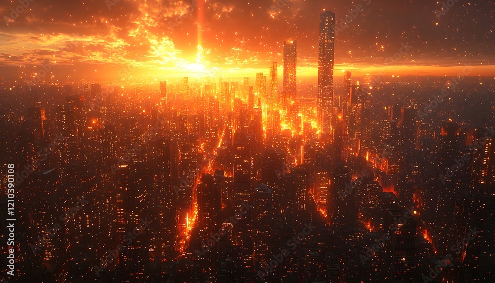Fototapeta premium Dazzling Sunset Over a Futuristic Cityscape with Glowing Skyscrapers and Fiery Atmosphere, Illuminating the Urban Skyline with Warm Hues and Flashes of Light