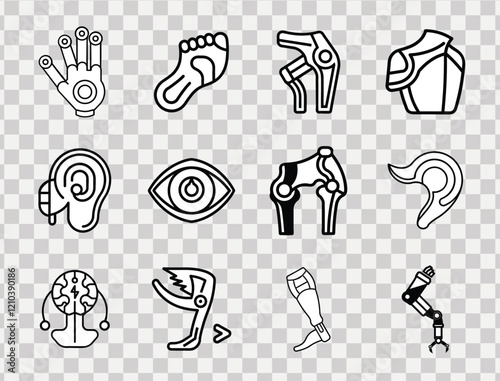 A futuristic icon set featuring sleek, minimalist line art of bionic parts, including robotic hands, prosthetic limbs, cybernetic implants, advanced artificial organs, and tech-enhanced human body com