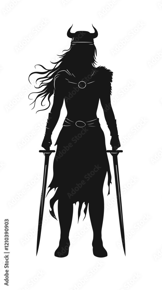 Silhouette of Viking Warrior Woman with Swords Vector for Historical Themes Silhouette of Viking Warrior Woman with Swords Vector for Historical Themes