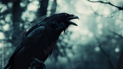 Majestic Raven in Dark Forest: A Mystical Bird Photography photo