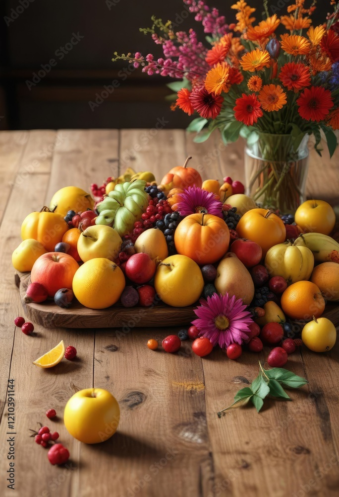 Fall flowers and fruit arrangement on a wooden table , flower arrangement, centerpiece Fall flowers and fruit arrangement on a wooden table , flower arrangement, centerpiece