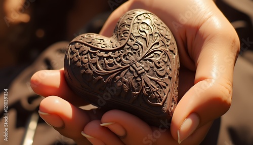 Closeup of Hands Gently Holding an Intricately Carved Dark Chocolate Heart, a Symbol of Valentine's Day Romance and Affection.  The Warm Lighting and Detailed Texture of the Chocolate Create a Luxurio photo