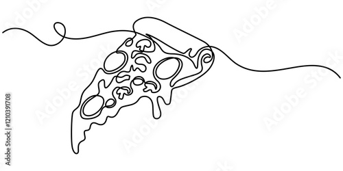 Pizza Single Line Icon, One line  Drawing or illustration of slice of pizza with pepperoni and mushrooms, Continuous Line Drawing of Pizza Icon. Hand Drawn Symbol Vector Illustration, Illustration.